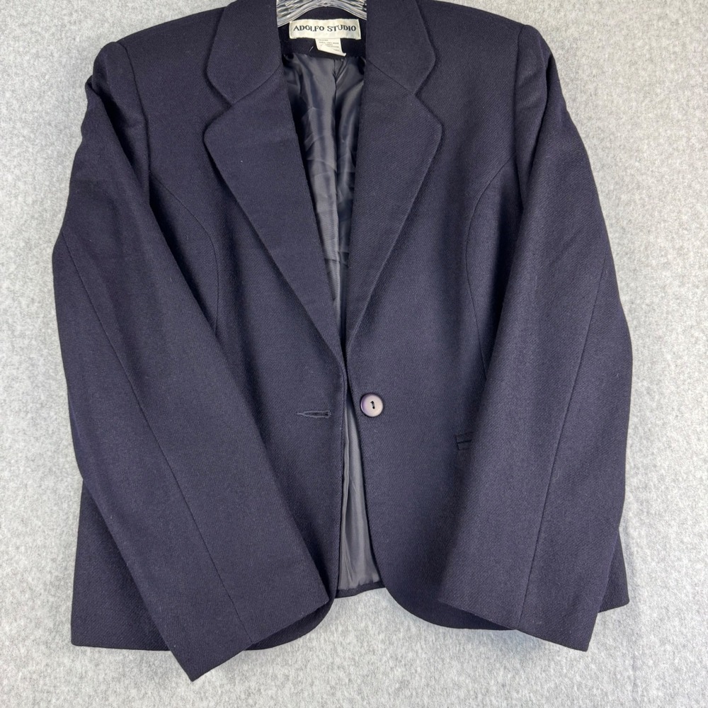 Adolfo Studio Blazer Women 6 Navy Blue Good 100% Wool Single Button 90s